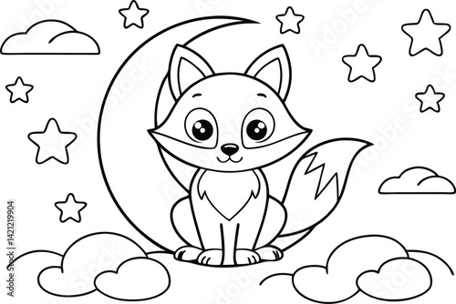 Cartoon Fox Sitting on Moon Surrounded by Stars and Clouds, Outline