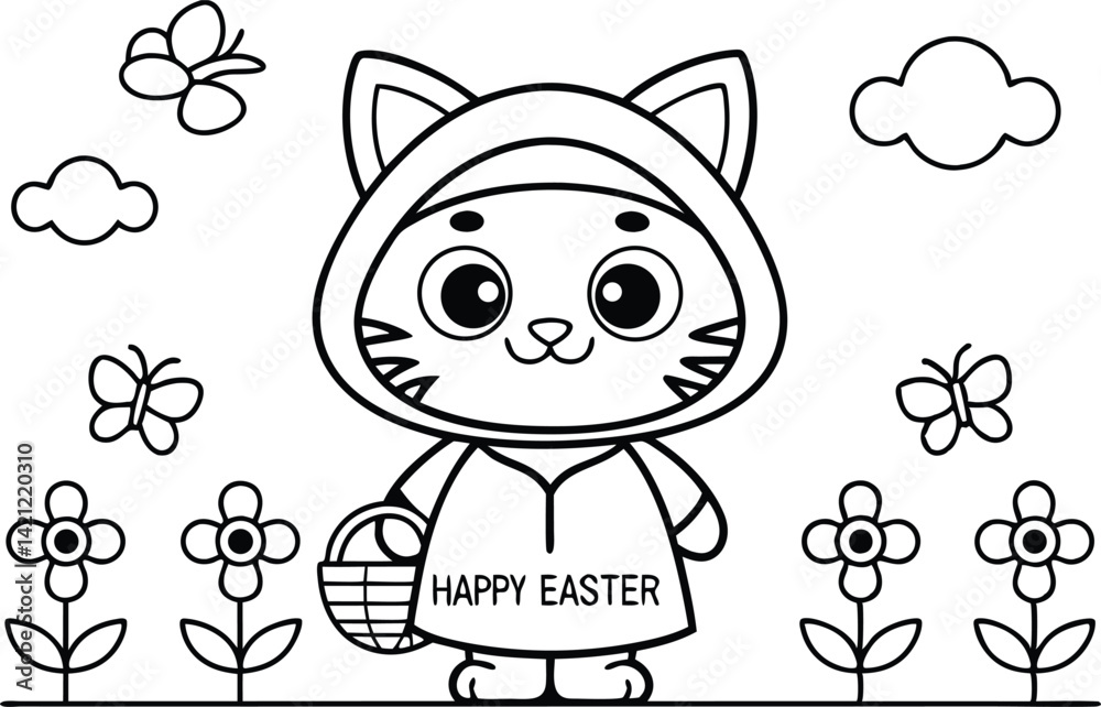 Obraz premium Happy Easter! Cartoon Cat with Basket on Transparent Background Outlined Flowers