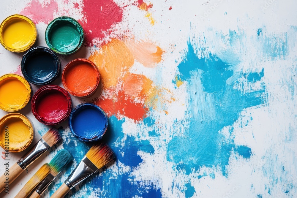 Colorful paint palettes and brushes creating vibrant art in a creative workspace