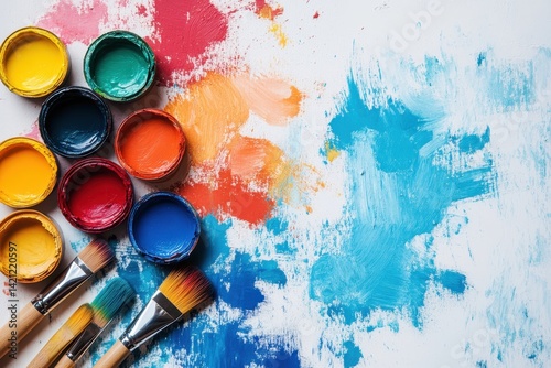Obraz na płótnie Colorful paint palettes and brushes creating vibrant art in a creative workspace w salonie