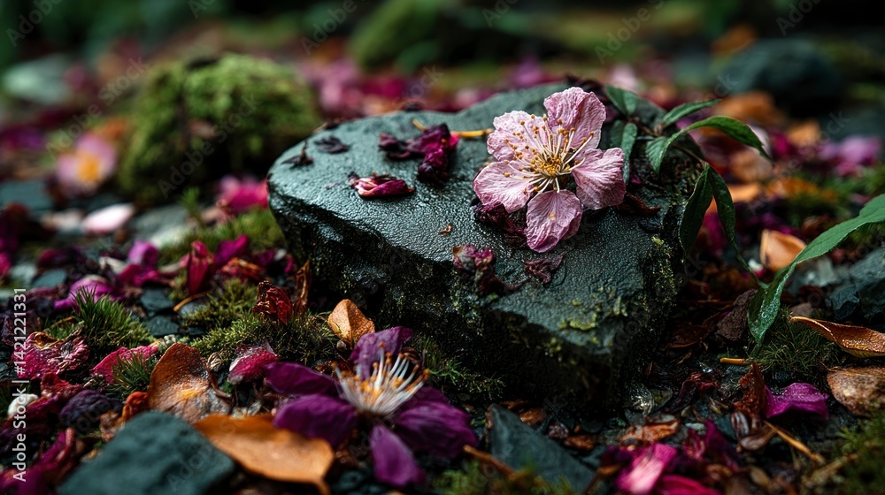Fallen Flowers on Rock and Ground with Moss in Natural Setting Fallen Flowers on Rock and Ground with Moss in Natural Setting