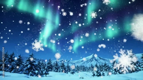 Northern lights (aurora borealis) dance in starry night sky above snowy mountain forest as snowflakes fall. Video animation showcasing arctic nature's beauty. Vision of polar spectacle.