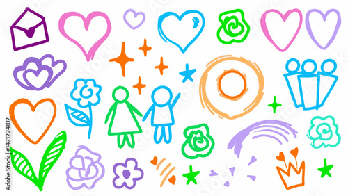  Love doodle icon set, Romantic hand-drawn vector, Crayon style love symbols, Couple and heart sketches,  Cute love doodles like hearts, couples, rings, roses, and hugs in hand-drawn crayon style
