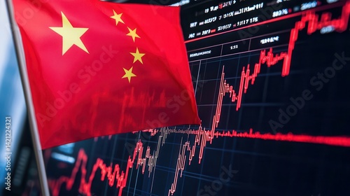 Global economy China stock market impact Chinese flag overlaid on stock market data and graphs.
