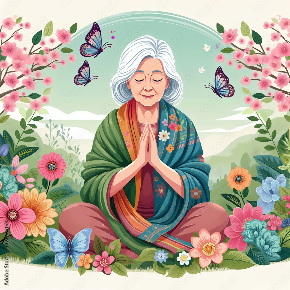 Serene elderly woman meditating surrounded by flowers and butterflies Serene elderly woman meditating surrounded by flowers and butterflies