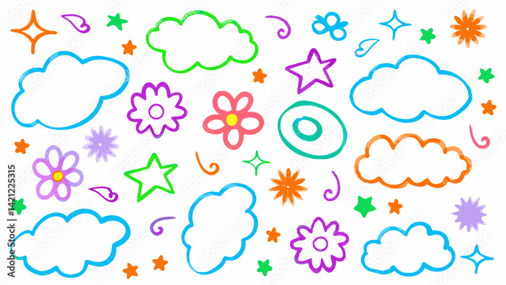 Kids doodle vector collection, Crayon art brush set, Childish hand-drawn icons, Cute vector elements pack, Cute colorful hand-drawn kid-style brush elements including clouds, stars, and flowers Kids doodle vector collection, Crayon art brush set, Childish hand-drawn icons, Cute vector elements pack, Cute colorful hand-drawn kid-style brush elements including clouds, stars, and flowers