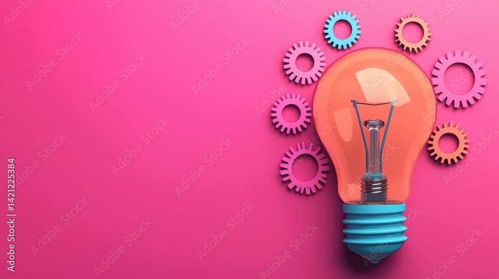 Light bulb with colorful gears on a vibrant pink background symbolizing creativity and innovation in design Light bulb with colorful gears on a vibrant pink background symbolizing creativity and innovation in design