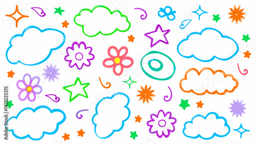 Kids doodle vector collection, Crayon art brush set, Childish hand-drawn icons, Cute vector elements pack, Cute colorful hand-drawn kid-style brush elements including clouds, stars, and flowers