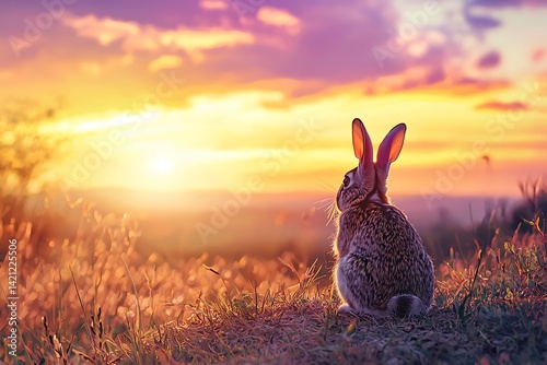 A wild rabbit sitting on a hilltop, framed by a colorful sunset sky