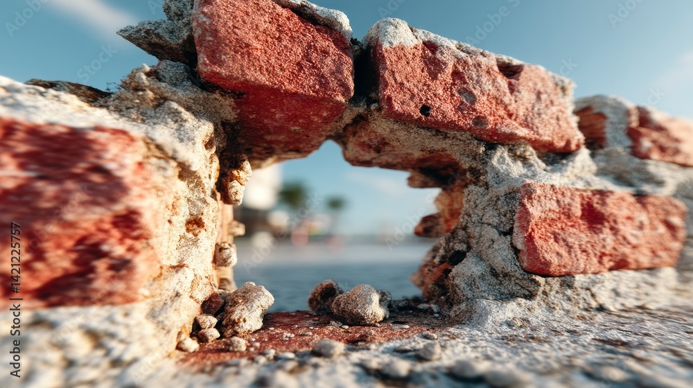 Fototapeta premium Looking Through Brick Hole Onto Cityscape and Beach