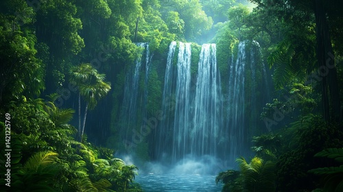 Lush tropical waterfall cascading into a pool surrounded by dense green vegetation and tall trees