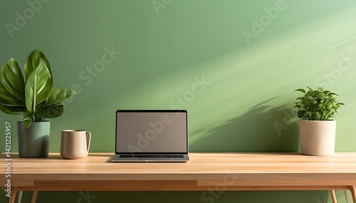 Minimalist workspace with laptop, green plants, and stationery on wooden desk against green wall