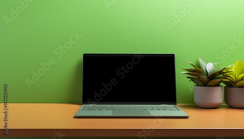 Minimalist workspace with laptop, green plants, and stationery on wooden desk against green wall