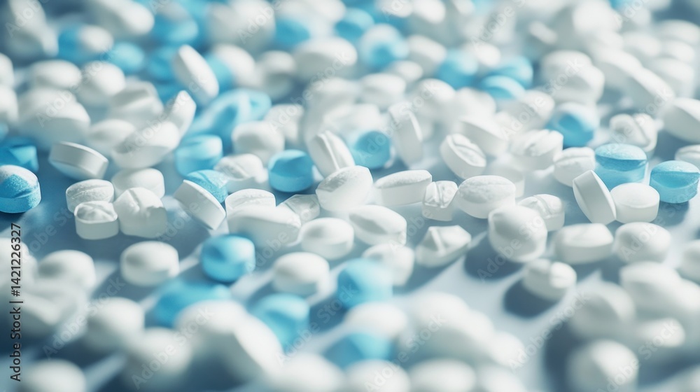 Realistic white and blue tablets scattered on sterile background with shallow depth of field Realistic white and blue tablets scattered on sterile background with shallow depth of field