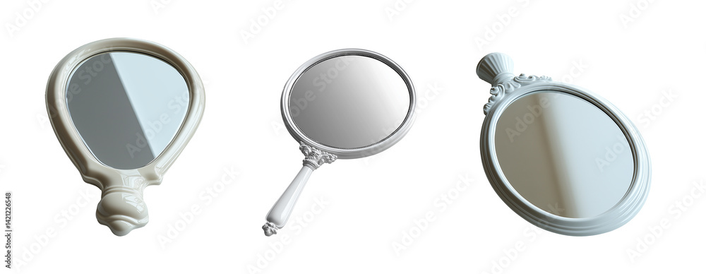 Fototapeta premium Classic white hand mirrors in various elegant designs showcase intricate details and smooth surfaces, perfect for adding charm to any decor