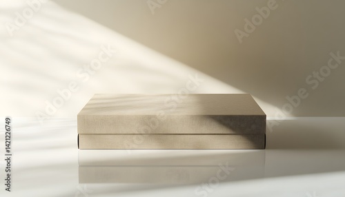 Closed cardboard box with tape in soft natural light and shadows on neutral background