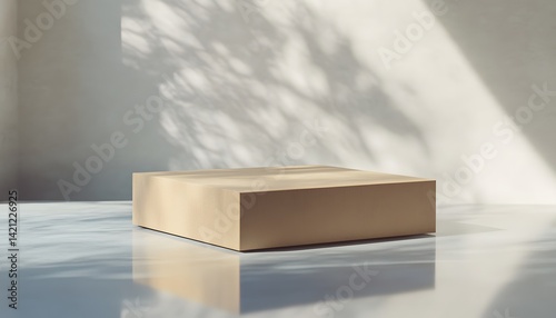 Closed cardboard box with tape in soft natural light and shadows on neutral background