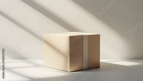 Closed cardboard box with tape in soft natural light and shadows on neutral background