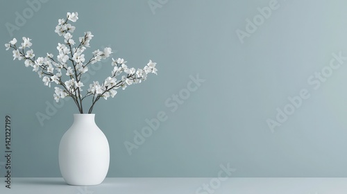 Elegant white vase with cherry blossom branches against a serene light blue background in a minimalist style