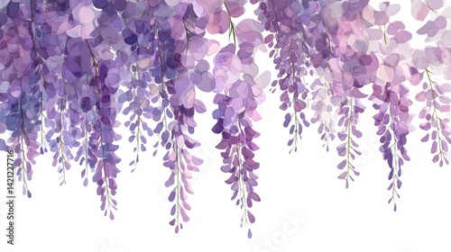Watercolor painting of cascading wisteria flowers in various shades of purple on a white background