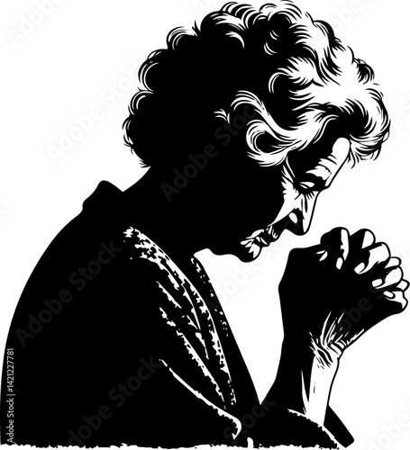 Praying elderly woman in contemplation against a solid background  