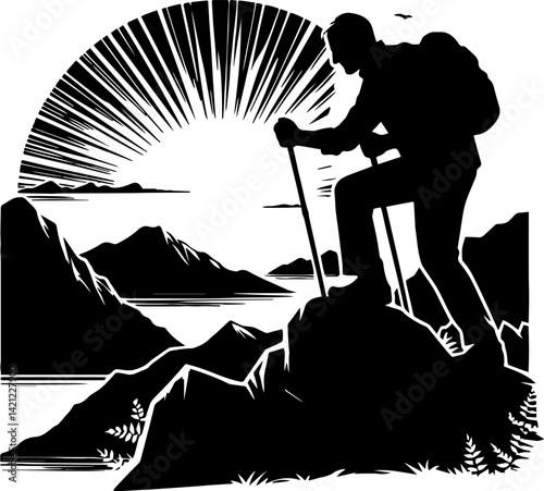 Hiker reaching peak silhouette against sunrise mountains  