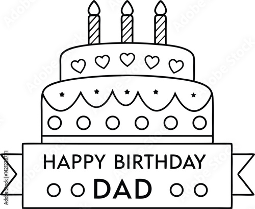 Black outline of a tiered cake with hearts, stars, circles, and candles