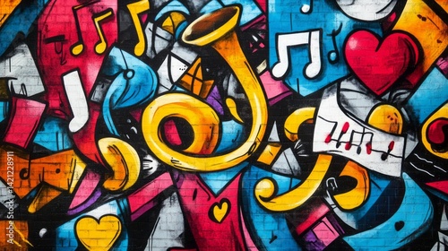 Wallpaper Mural Vibrant and colorful graffiti art featuring musical elements on brick Torontodigital.ca