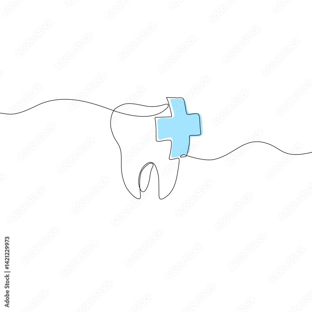 Obraz premium Continuous line drawing of tooth. Dental care symbol. Dentist sign. Health and medical. One line drawing. Single line art. Vector illustration.