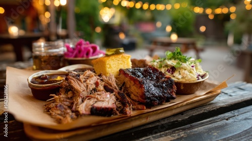 Delicious bbq platter at an outdoor restaurant with pulled pork and brisket