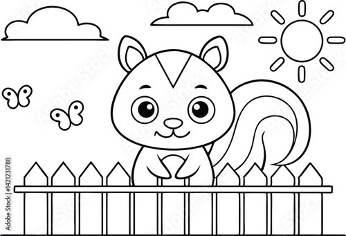 Line art Squirrel behind picket fence, sun, clouds, butterflies