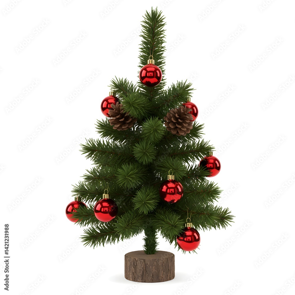 Small Christmas tree with red baubles and pinecones on white Small Christmas tree with red baubles and pinecones on white