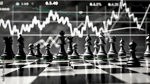 Chessboard with stock market graphs rising behind in strategy and finance concept