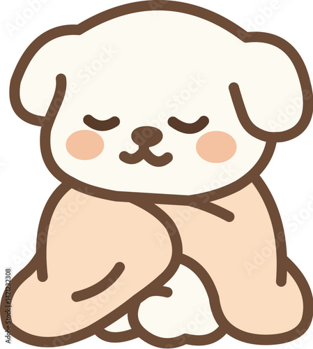 Cute White Puppy Snuggled Up with a Blanket, Eyes Closed Peacefully