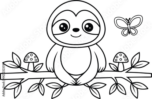 Smiling Sloth Sitting on a Branch with Mushrooms and Butterfly in Outline Style