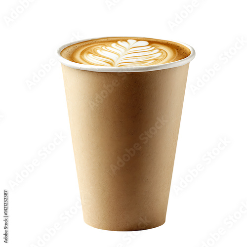Obraz na płótnie A paper cup filled with creamy latte showcasing floral latte art on top viewed from an angle with a smooth texture and realistic detail on a transparent background w salonie