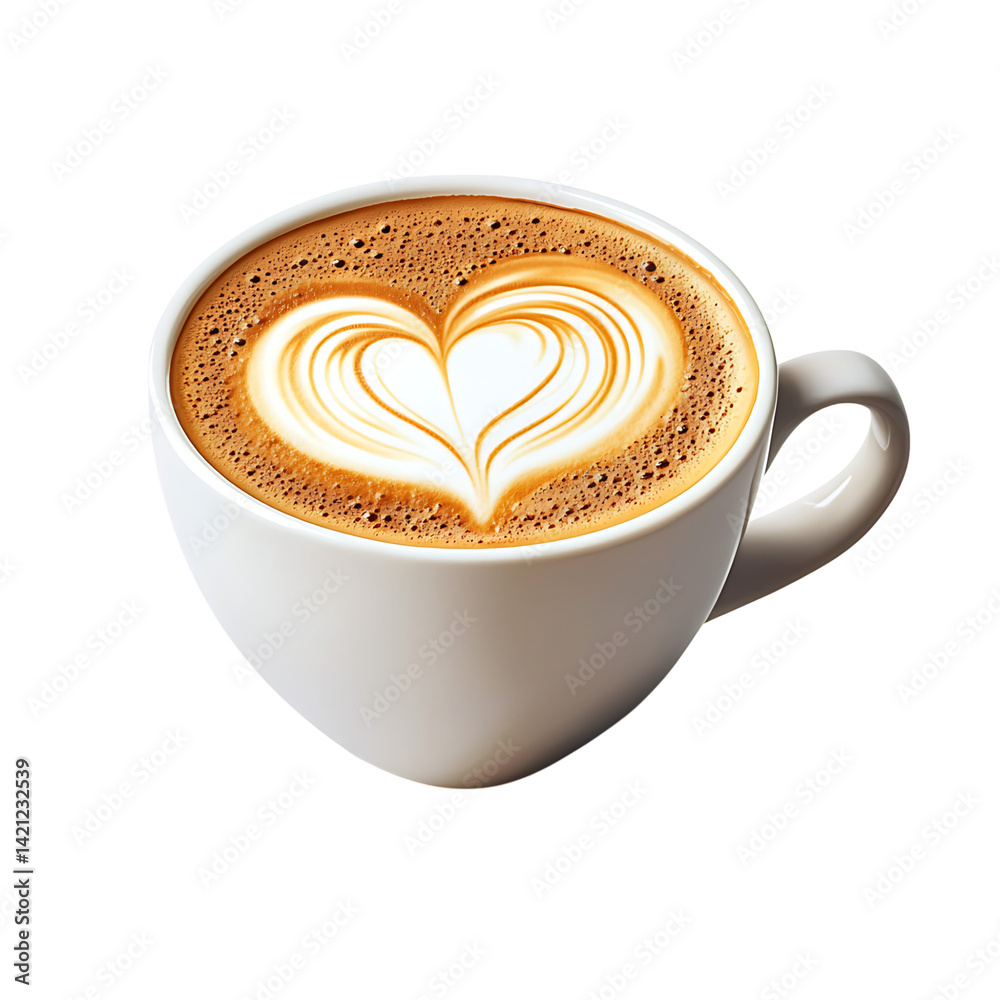 A white ceramic cup filled with latte coffee featuring an artistic heart shaped milk foam design on top photographed from above with a transparent background