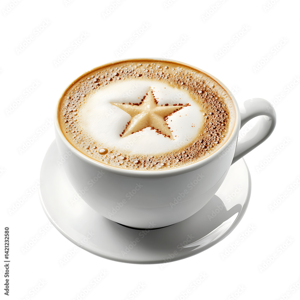 A ceramic coffee cup with creamy latte foam and a chocolate powder star shape decoration on top viewed in close detail against a transparent background