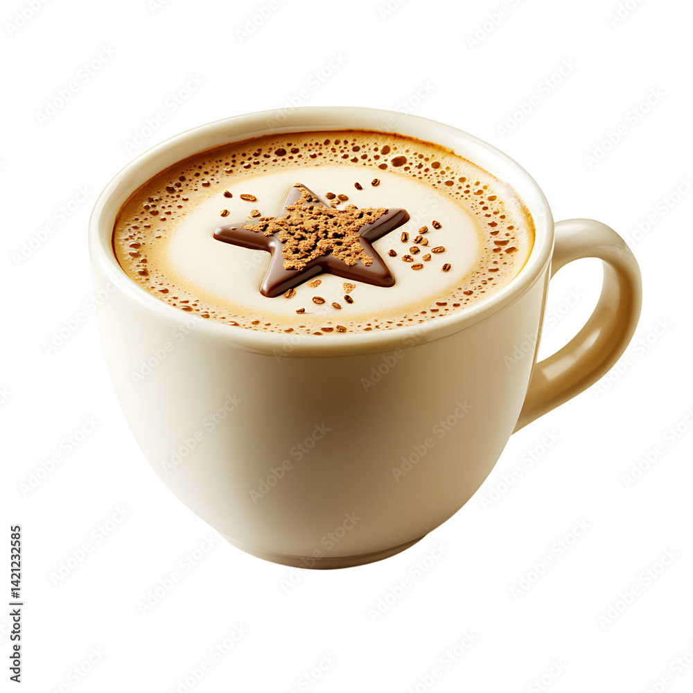 A ceramic coffee cup with creamy latte foam and a chocolate powder star shape decoration on top viewed in close detail against a transparent background