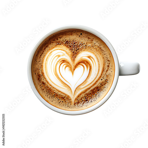 Obraz na płótnie A white ceramic cup filled with latte coffee featuring an artistic heart shaped milk foam design on top photographed from above with a transparent background w salonie