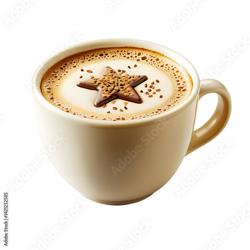 Obraz na płótnie A ceramic coffee cup with creamy latte foam and a chocolate powder star shape decoration on top viewed in close detail against a transparent background w salonie
