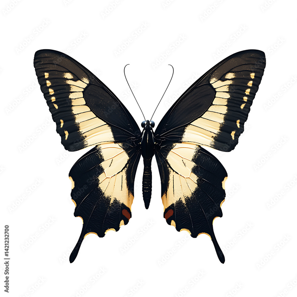 A detailed yellow and black butterfly with spread wings shown in high resolution against a transparent background with clear wing patterns and realistic body texture