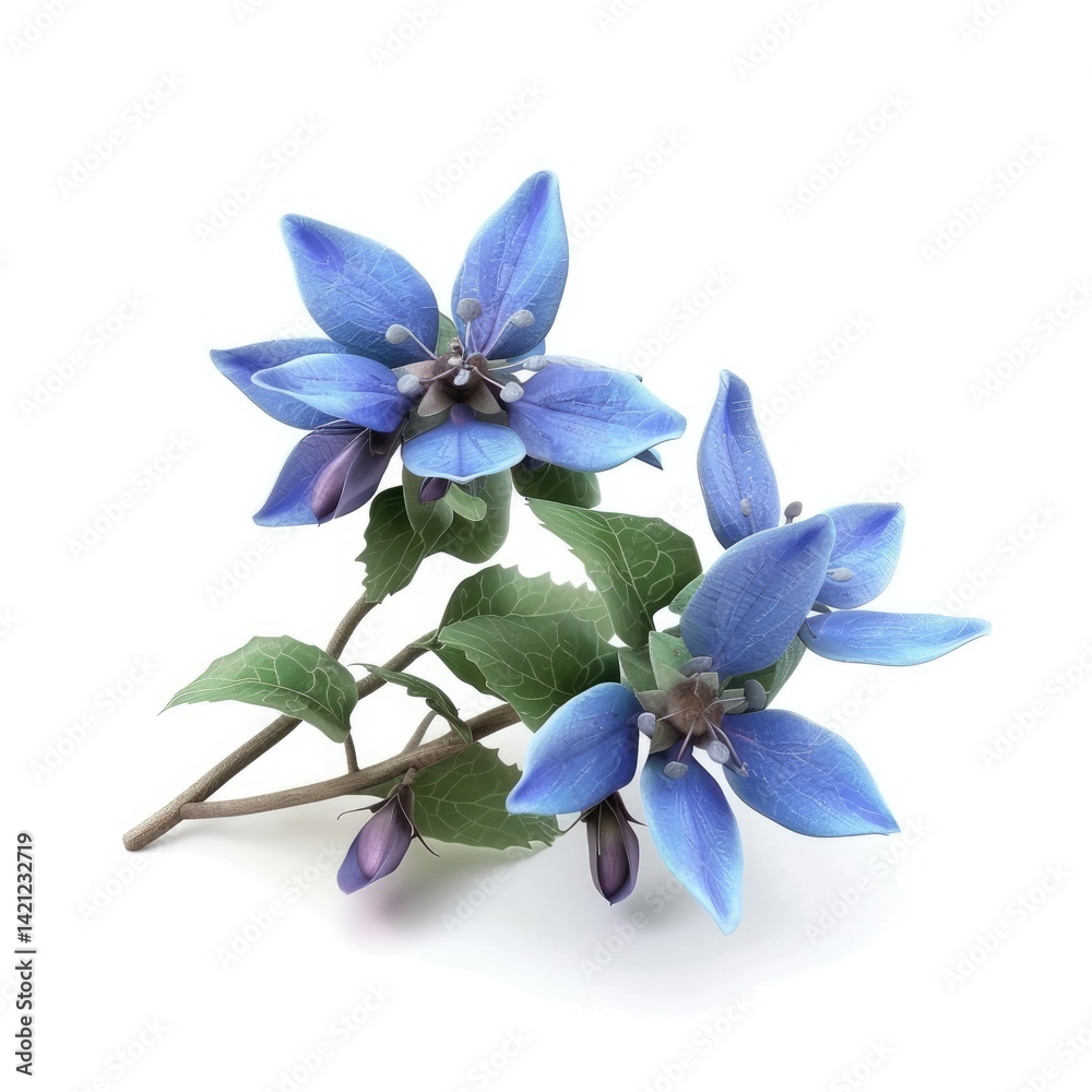 Fototapeta premium Three delicate, light-blue flowers with green leaves.