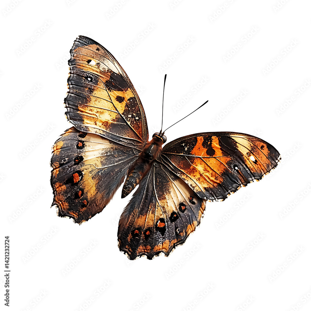 A detailed yellow and black butterfly with spread wings shown in high resolution against a transparent background with clear wing patterns and realistic body texture