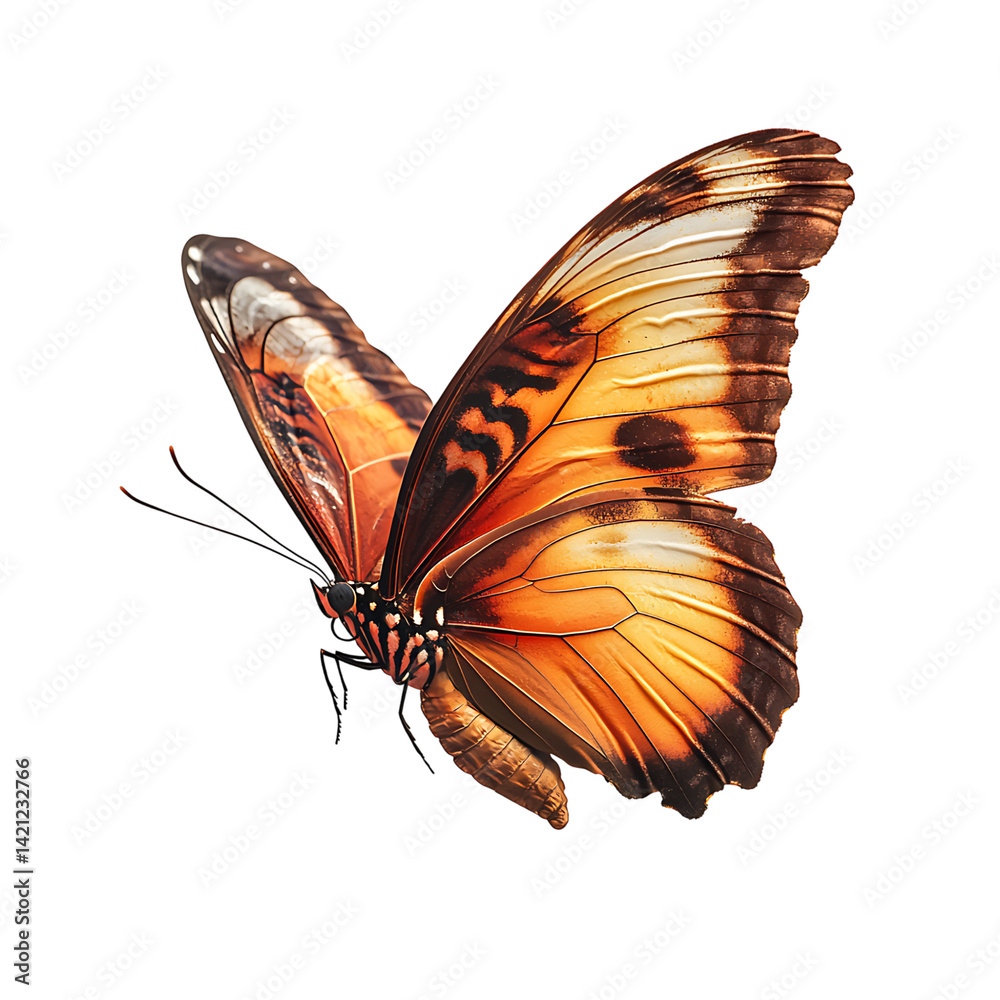 A detailed yellow and black butterfly with spread wings shown in high resolution against a transparent background with clear wing patterns and realistic body texture