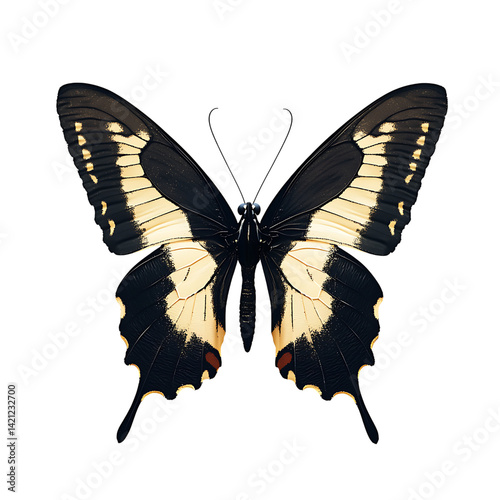 Obraz na płótnie A detailed yellow and black butterfly with spread wings shown in high resolution against a transparent background with clear wing patterns and realistic body texture w salonie