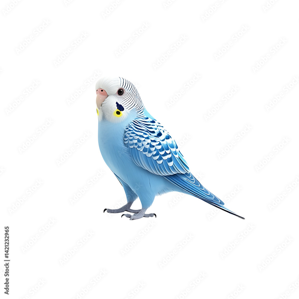 A vibrant blue and yellow budgerigar with intricate feather details perched and facing forward shown clearly against a clean transparent background in high resolution