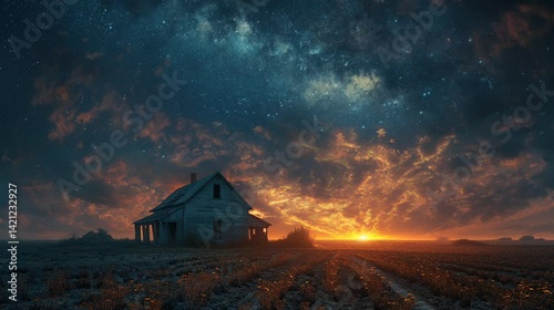 Serene countryside field with farmhouse under galaxy-filled night sky animation