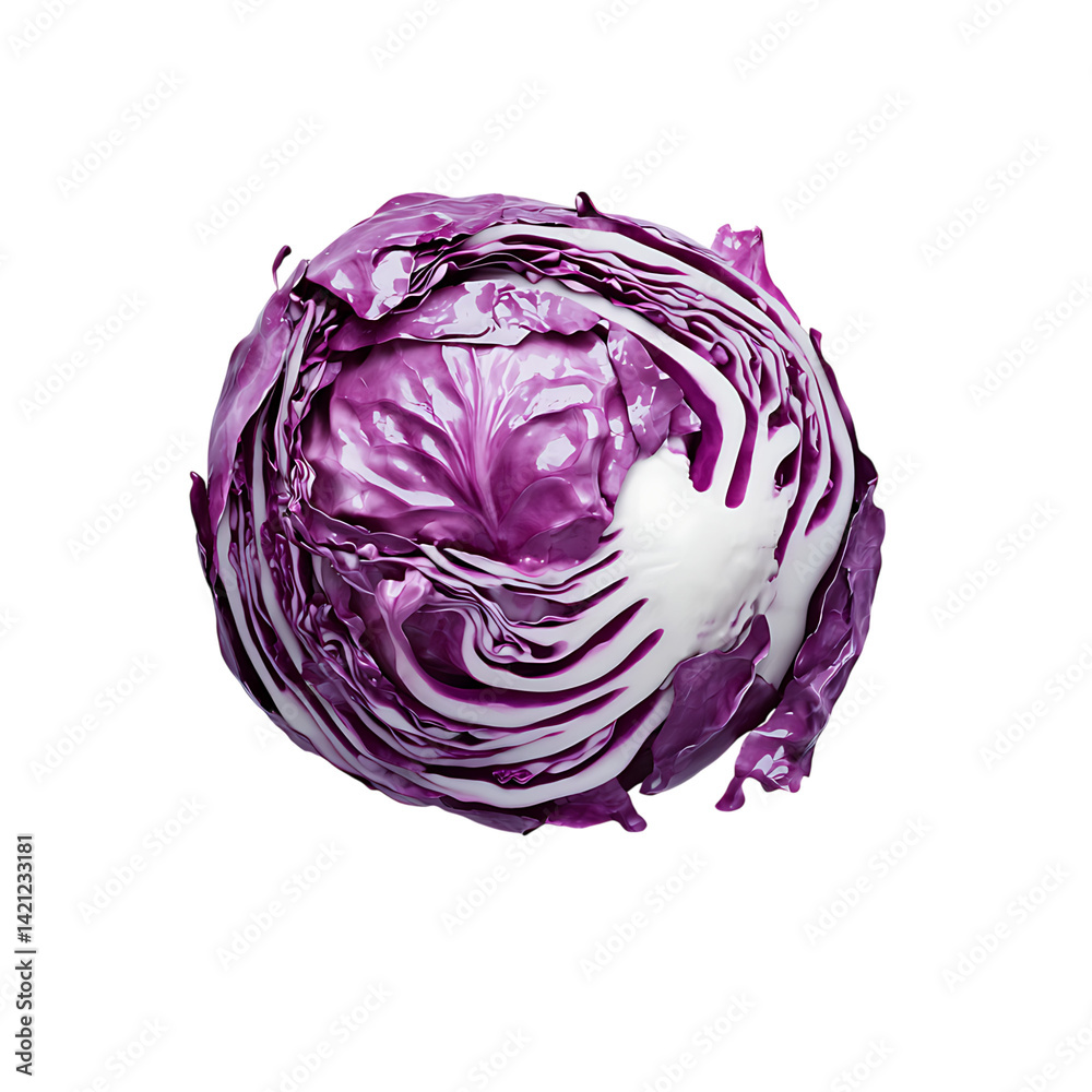 A single whole red cabbage with shiny layered leaves displayed in realistic style and high detail against a white transparent background without shadow