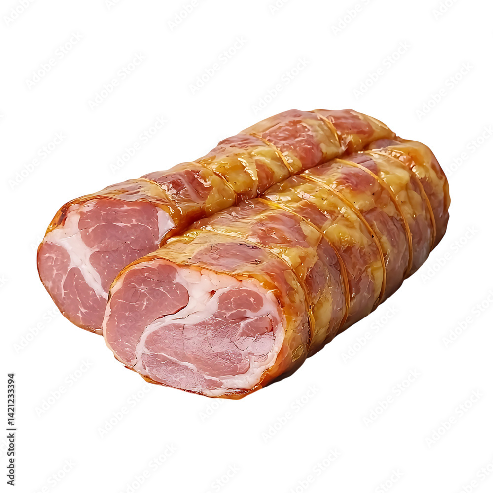 A rolled bundle of smoked ham with visible marbling and tied with string displayed in high detail and clarity on a transparent background with no shadow